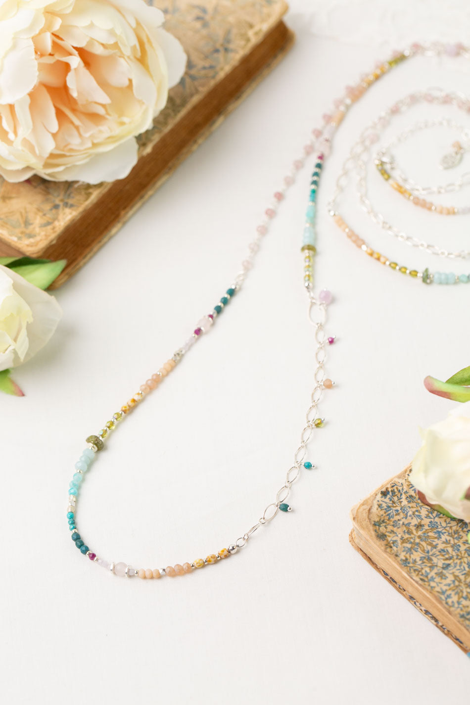 Primrose 55-57" Rose Quartz, Turquoise, Amazonite Collage Necklace