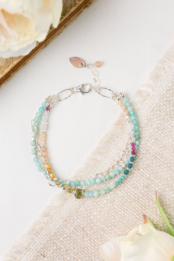 Primrose 7.5-8.5" Rose Quartz, Amazonite, Czech Glass Multistrand Bracelet