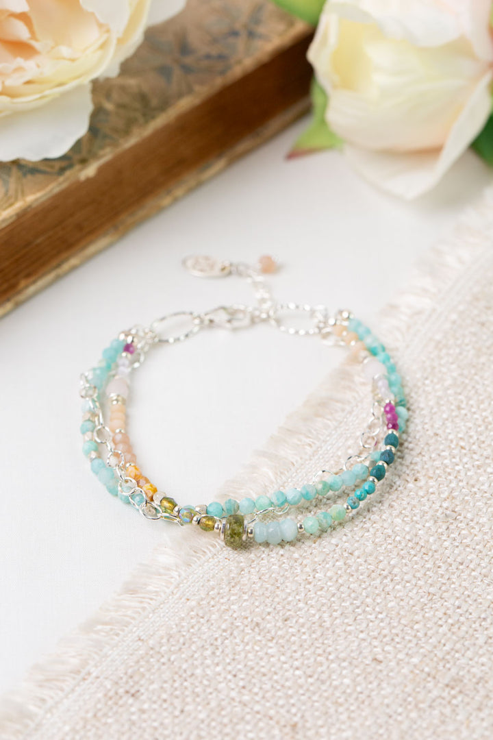 Primrose 7.5-8.5" Rose Quartz, Amazonite, Czech Glass Multistrand Bracelet