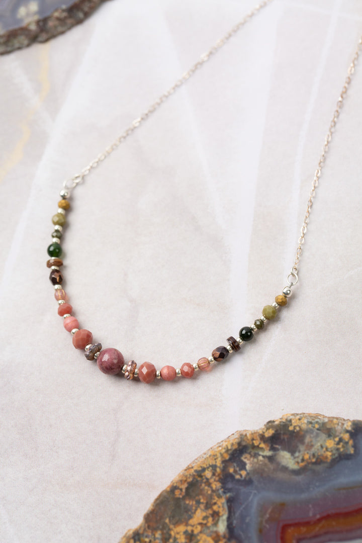 Promise 15.5-17.5" Rhodonite, Czech Glass, Crystal Simple Necklace