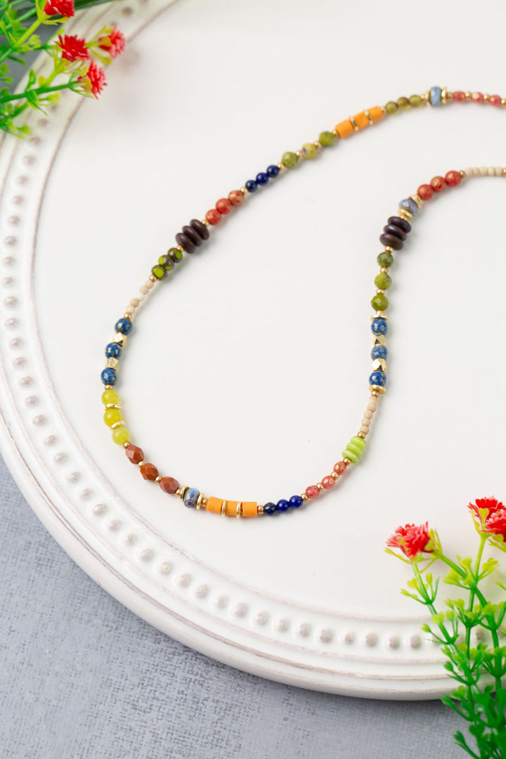 Prosperity 16.5-18.5" Czech Glass, Olive Jade, Yellow Turquoise Simple Necklace