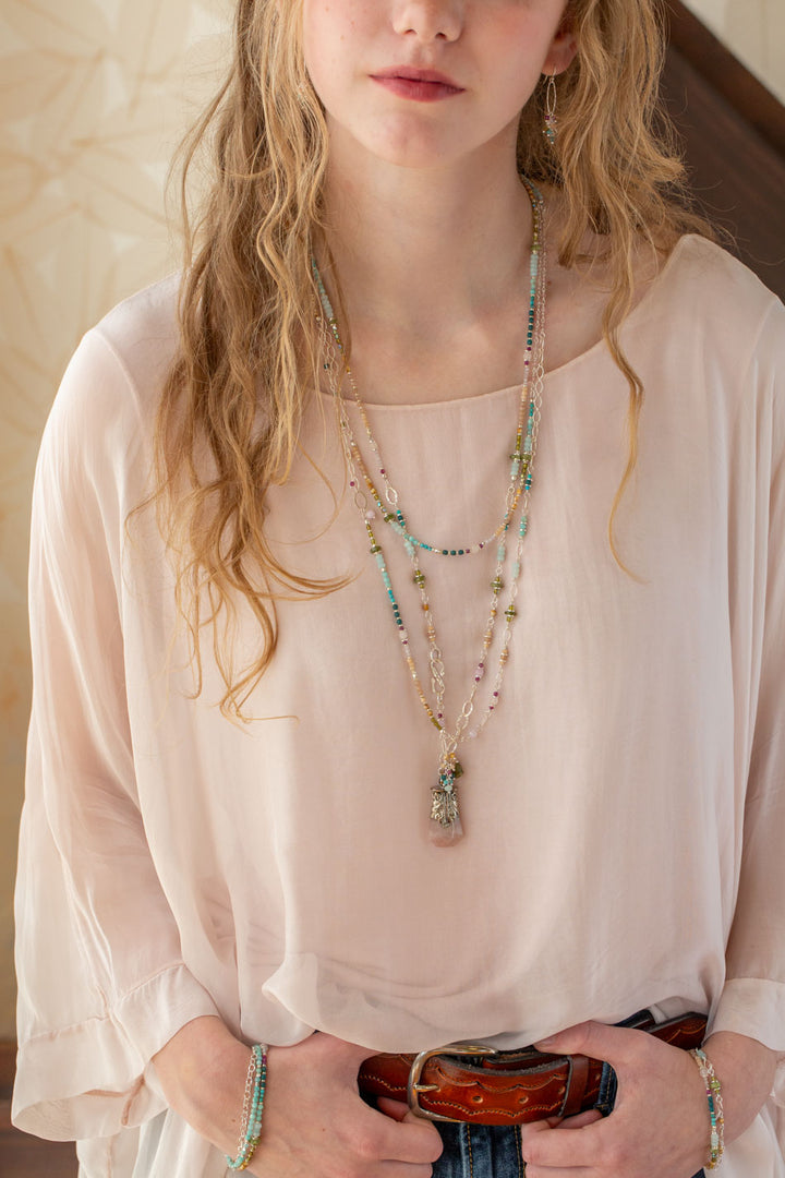 Primrose 31.5" Kunzite, Turquoise, Amazonite with Rose Quartz Pendant Cluster Necklace