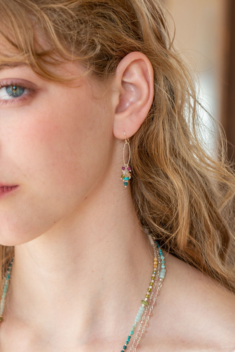 Primrose Turquoise, Czech Glass, Ruby Cluster Earrings