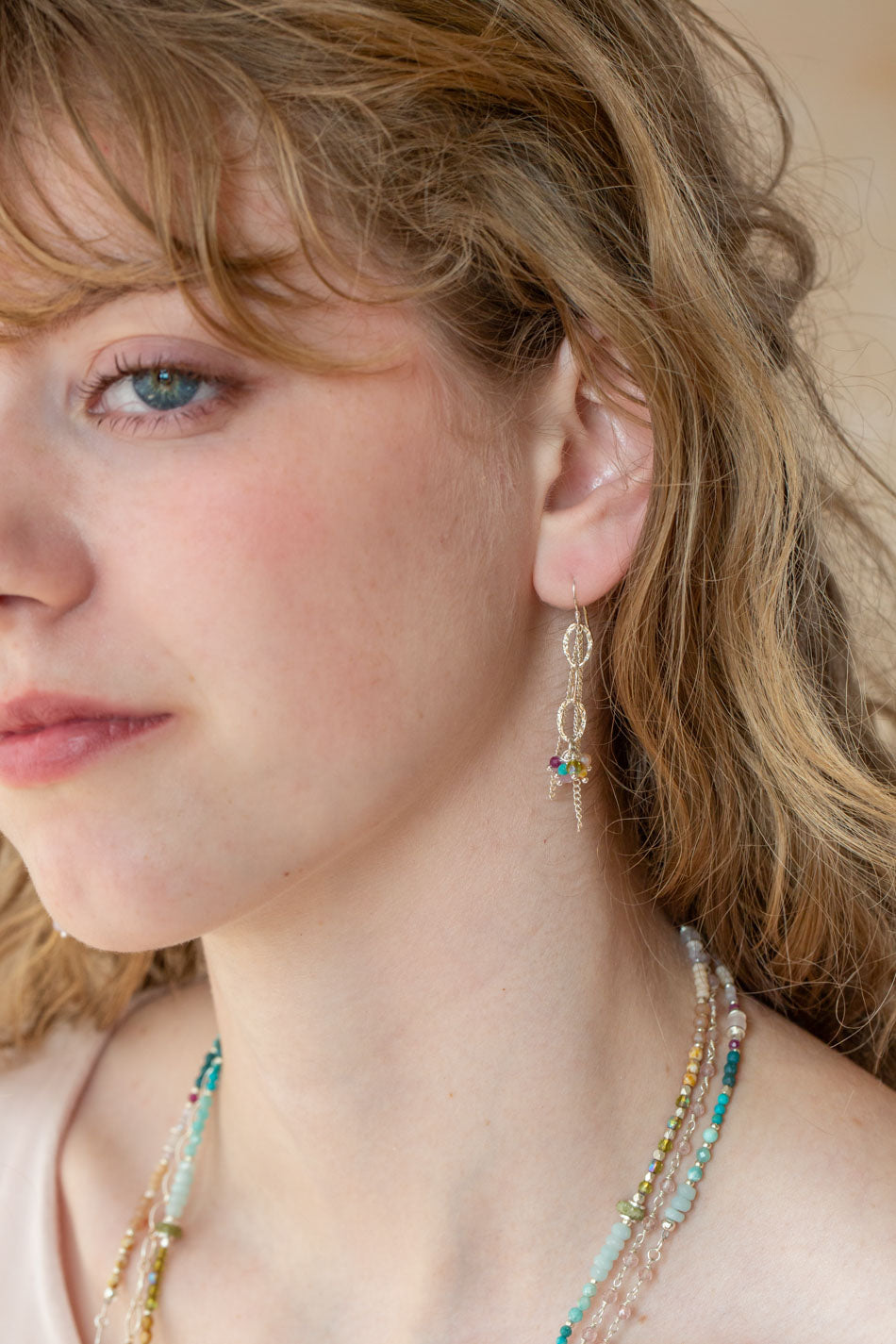Primrose Turquoise, Kunzite, Ruby Tassel Earrings