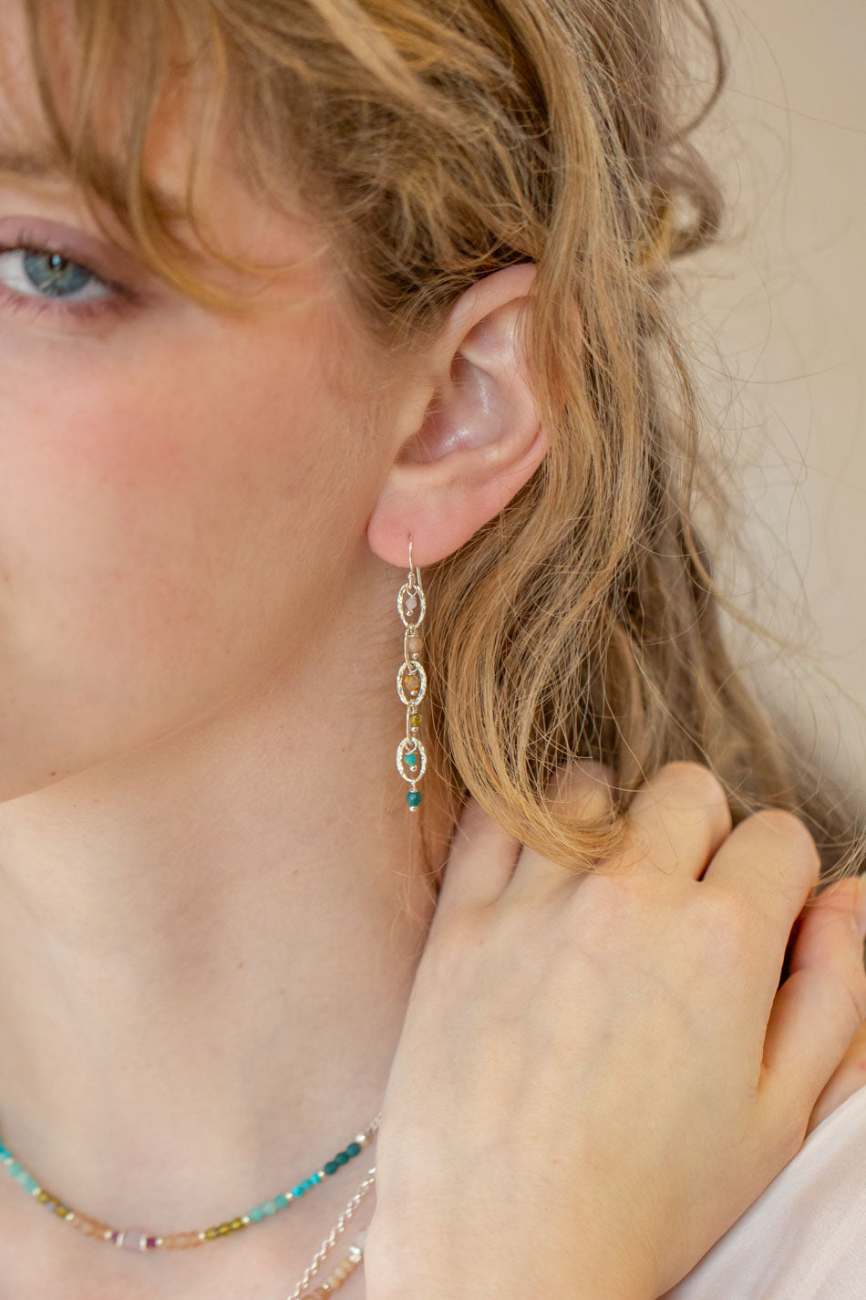 Primrose Turquoise, Rose Quartz, Czech Glass Dangle Earrings