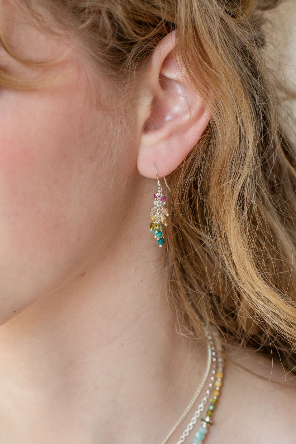 Primrose Turquoise, Czech Glass, Ruby Cluster Earrings