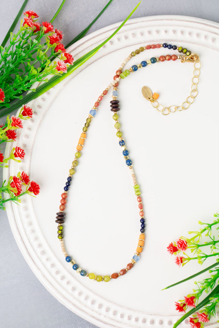 Prosperity 16.5-18.5" Czech Glass, Olive Jade, Yellow Turquoise Simple Necklace