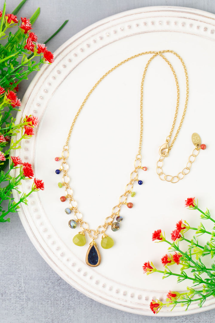 Prosperity 18.5-20.5" Blue Teardrop Bezel, Olive Jade, Czech Glass Simple Necklace
