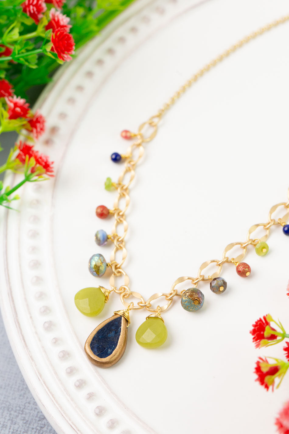 Prosperity 18.5-20.5" Blue Teardrop Bezel, Olive Jade, Czech Glass Simple Necklace