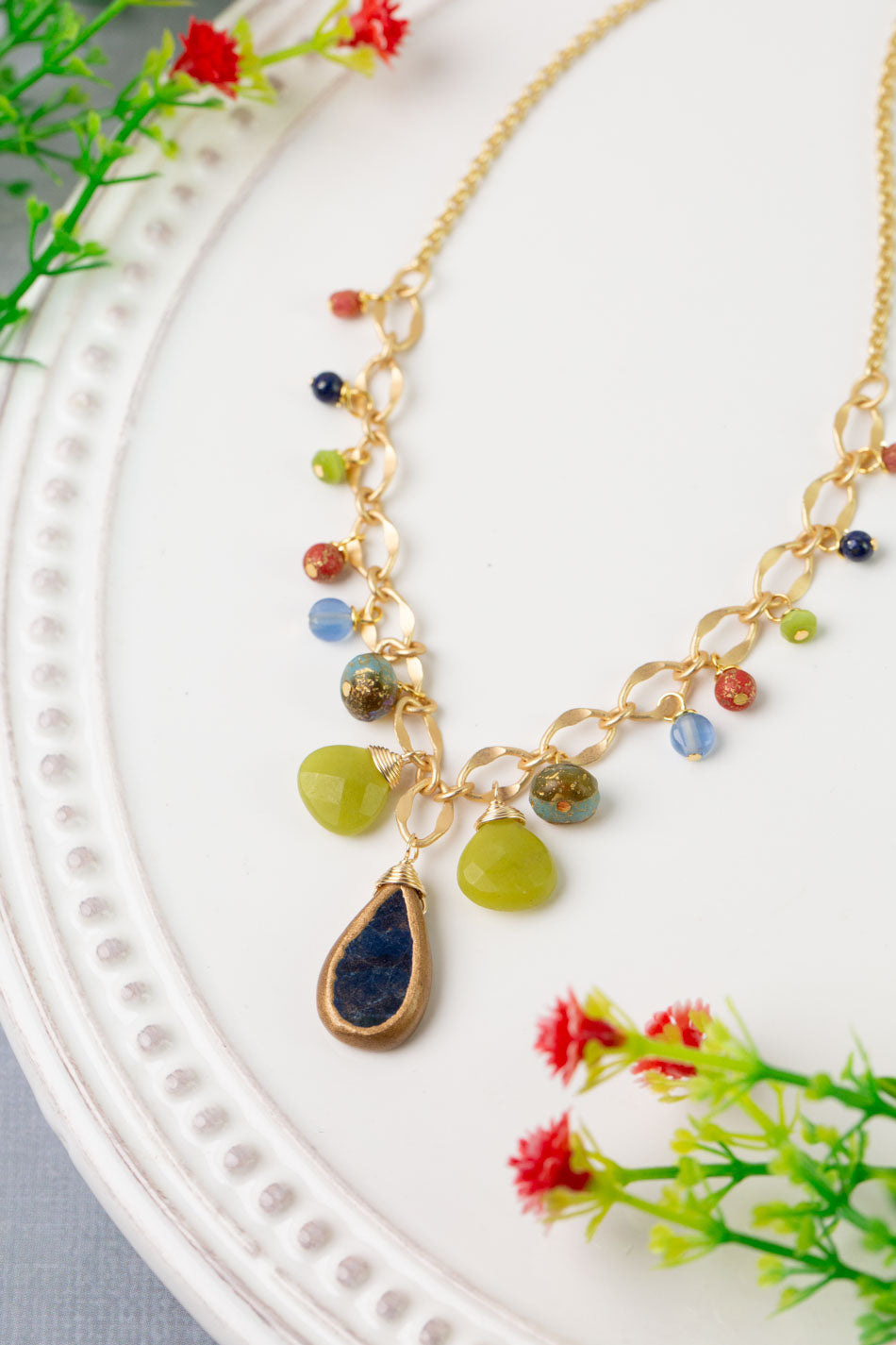 Prosperity 18.5-20.5" Blue Teardrop Bezel, Olive Jade, Czech Glass Simple Necklace