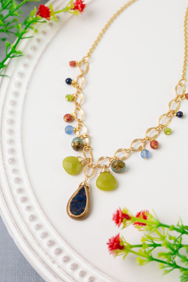 Prosperity 18.5-20.5" Blue Teardrop Bezel, Olive Jade, Czech Glass Simple Necklace