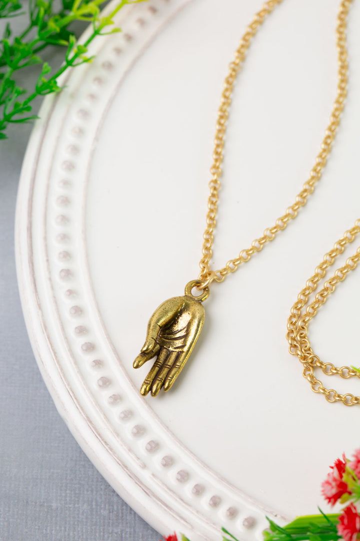 Prosperity 24.5-26.5" Antique Brass Hand Pendant Simple Necklace