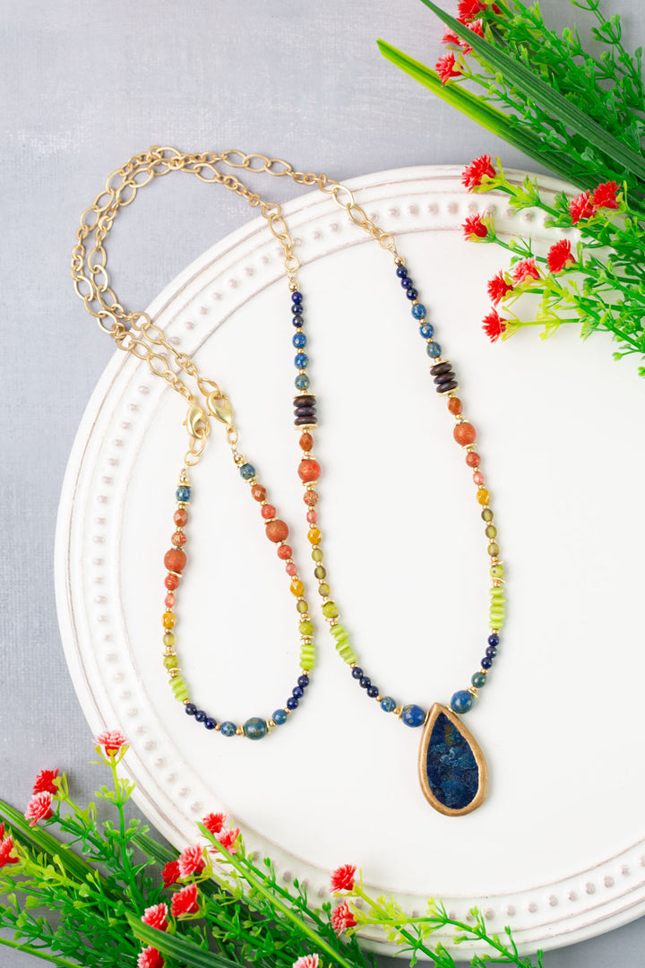 Prosperity 7.5-32" Czech Glass, Jade with Lapis Bezel Collage Necklace