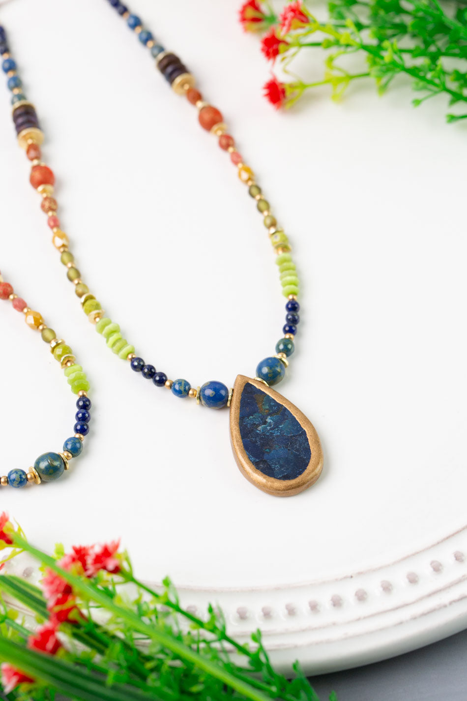 Prosperity 7.5-32" Czech Glass, Jade with Lapis Bezel Collage Necklace