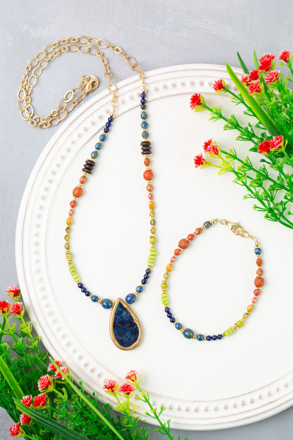 Prosperity 7.5-32" Czech Glass, Jade with Lapis Bezel Collage Necklace