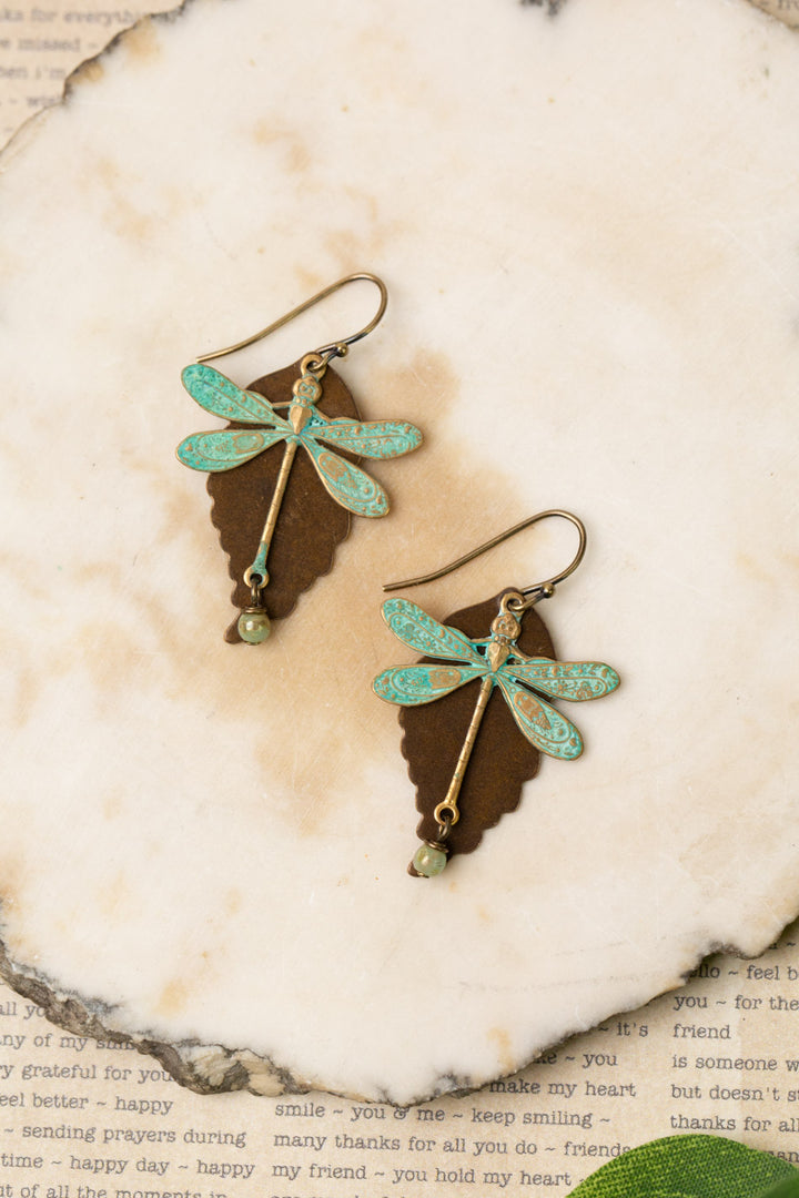 Rustic Creek Dragonfly Copper Leaf Earrings