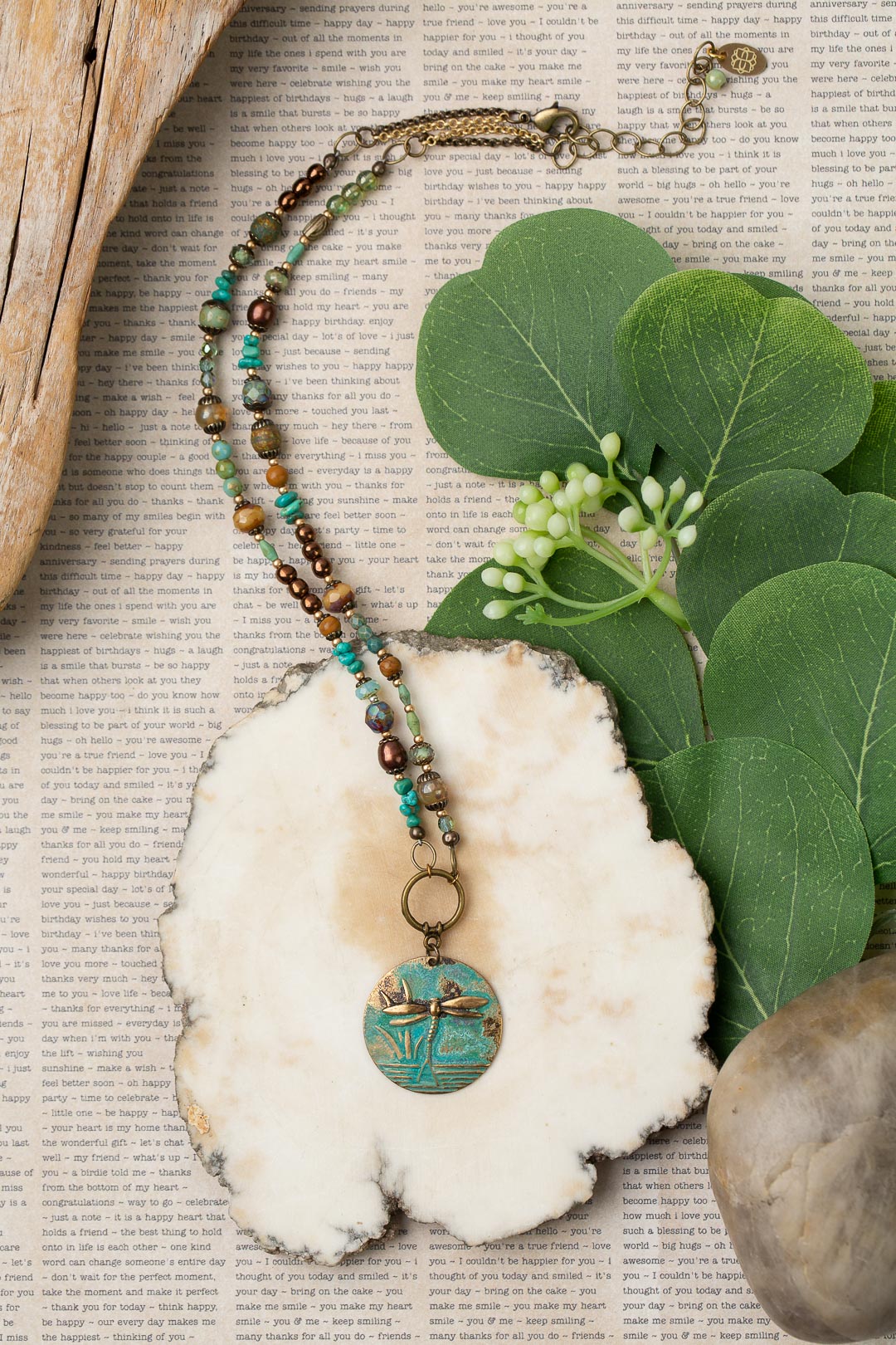 Rustic Creek 16.5-18.5" Czech Glass, Freshwater Pearl, Turquoise Dragonfly Collage Necklace