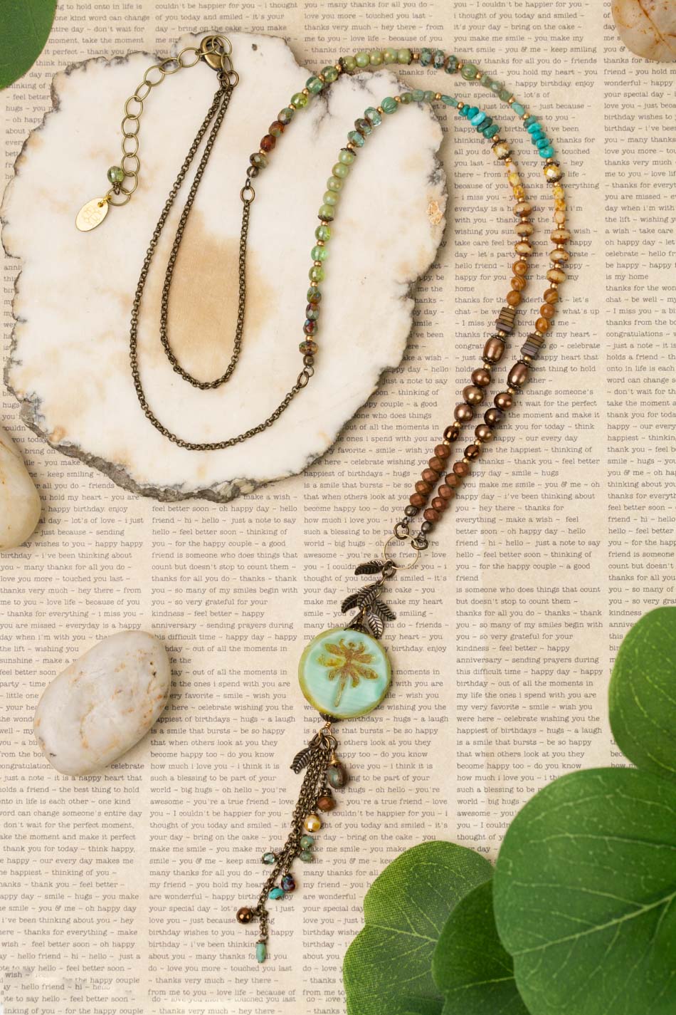 Rustic Creek 29.5-31.5" Czech Glass, Freshwater Pearl, Turquoise Dragonfly Necklace