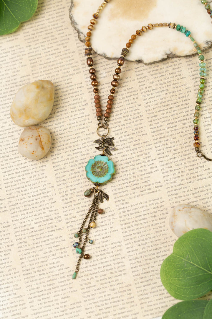 Rustic Creek 29.5-31.5" Czech Glass, Freshwater Pearl, Turquoise Dragonfly Necklace