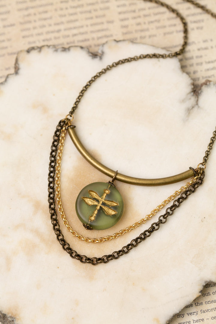 Rustic Creek 15.25-17.25" Matte Gold Plated Brass Chain With Gold Etched Czech Glass Dragonfly Simple Necklace