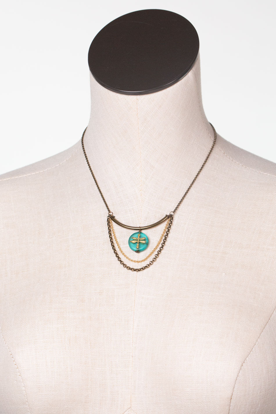 Rustic Creek 15.25-17.25" Matte Gold Plated Brass Chain With Gold Etched Czech Glass Dragonfly Simple Necklace