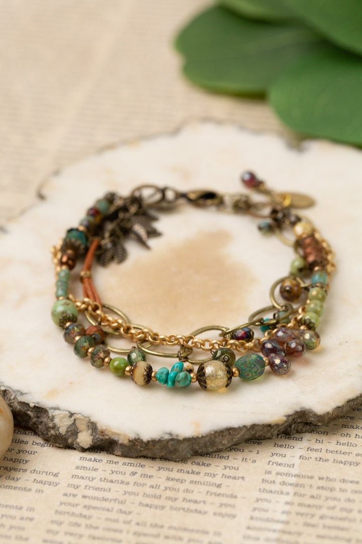 Rustic Creek 7.5-8.5" Czech Glass, Turquoise, Leather Multistrand Bracelet