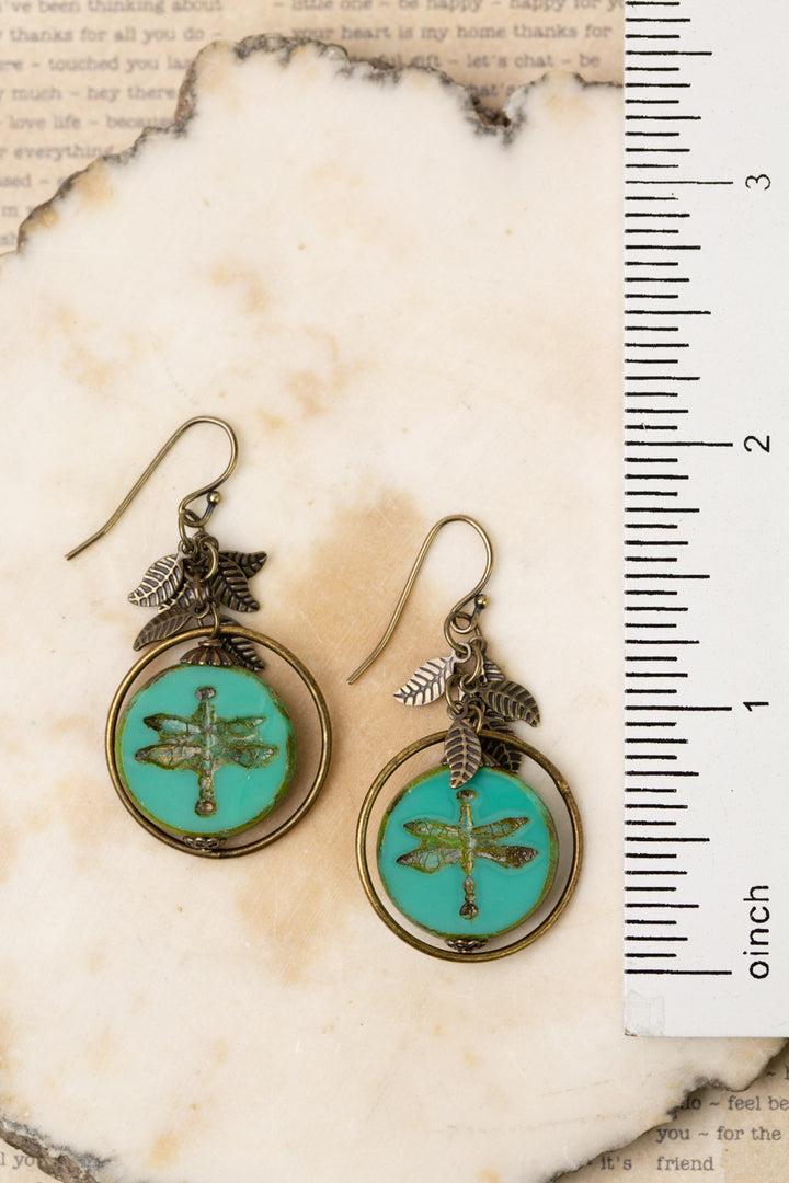 Rustic Creek Antique Brass Leaves With Czech Glass Stamped Dragonfly Hoop Earrings