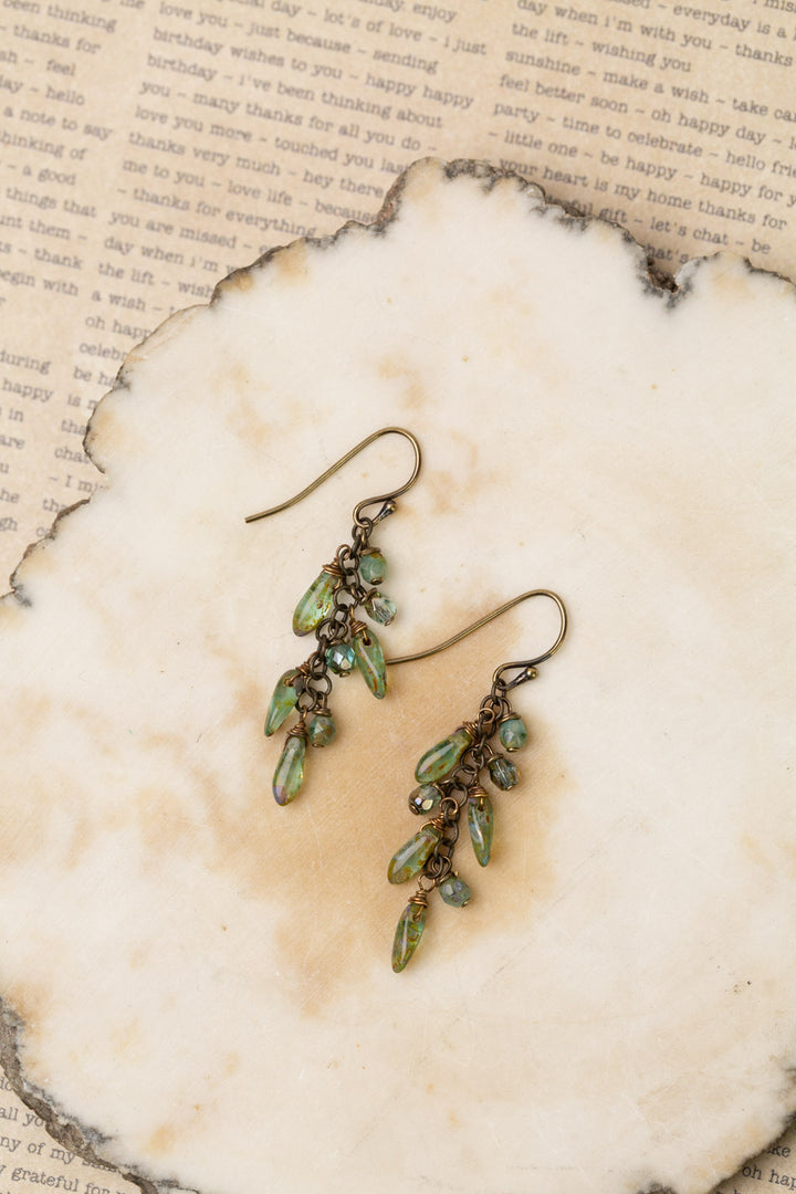 Rustic Creek Wire Wrapped Czech Glass Green Droplets Cluster Earrings