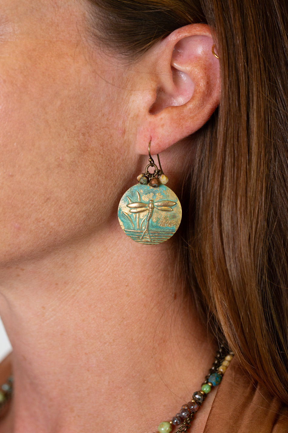 Rustic Creek Matte Gold Plated Brass Patina Dragonfly, Czech Glass Cluster Earrings