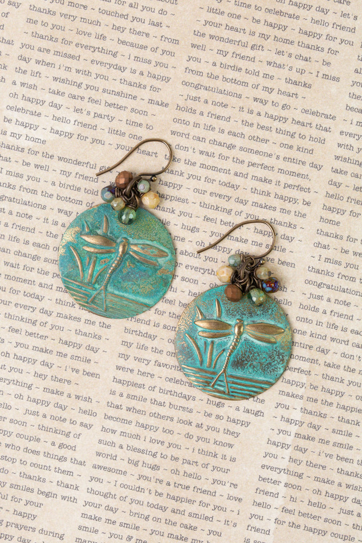 Rustic Creek Matte Gold Plated Brass Patina Dragonfly, Czech Glass Cluster Earrings