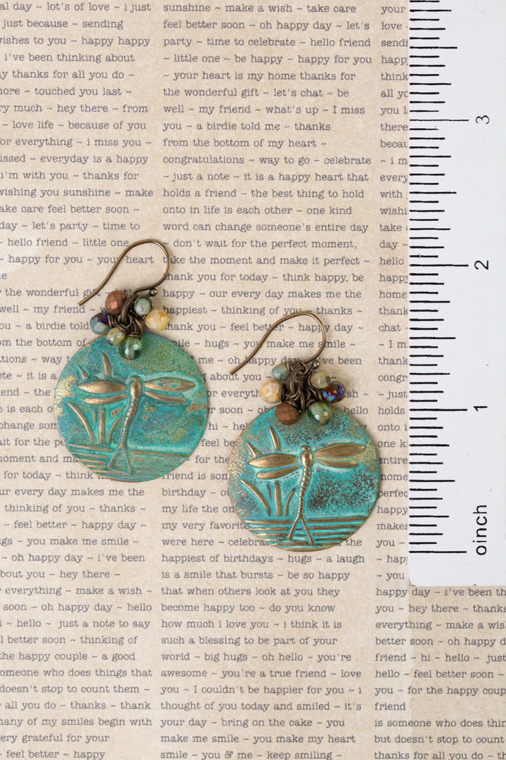 Rustic Creek Matte Gold Plated Brass Patina Dragonfly, Czech Glass Cluster Earrings