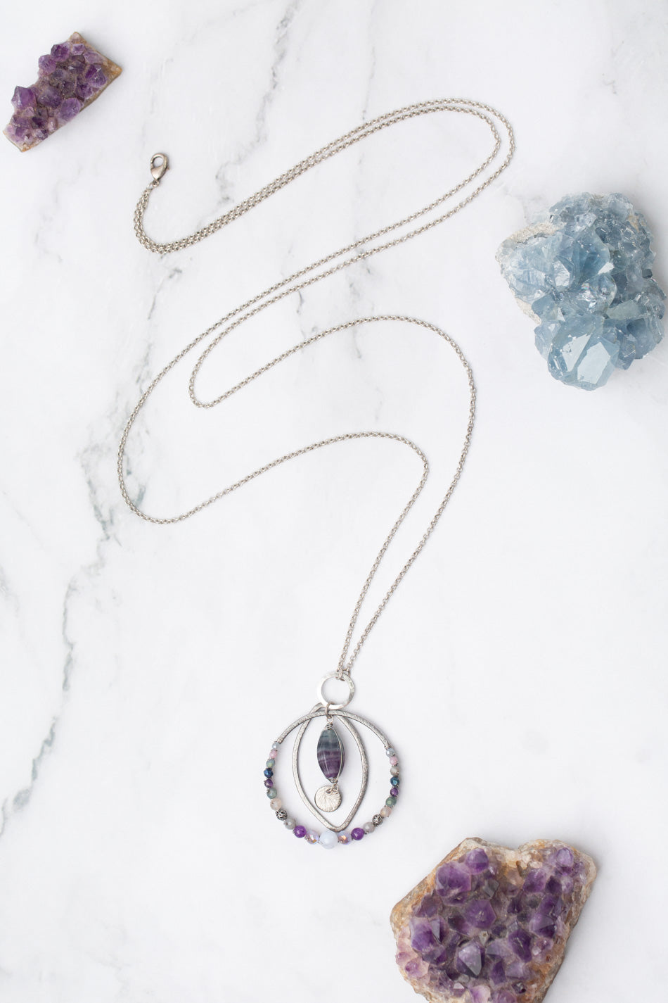 Reflections 22.25 or 44" Amethyst, Czech Glass, Blue Lace Agate with Fluorite Statement Necklace