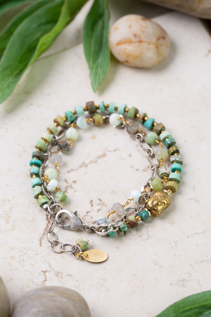 Remedy 7.5-8.5" Turquoise, Peruvian Opal, Antique Brass Buddha Multistrand Bracelet