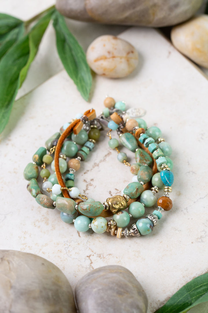 Remedy 7.5-8.5" Turquoise, Peruvian Opal, Antique Brass Buddha Multistrand Bracelet