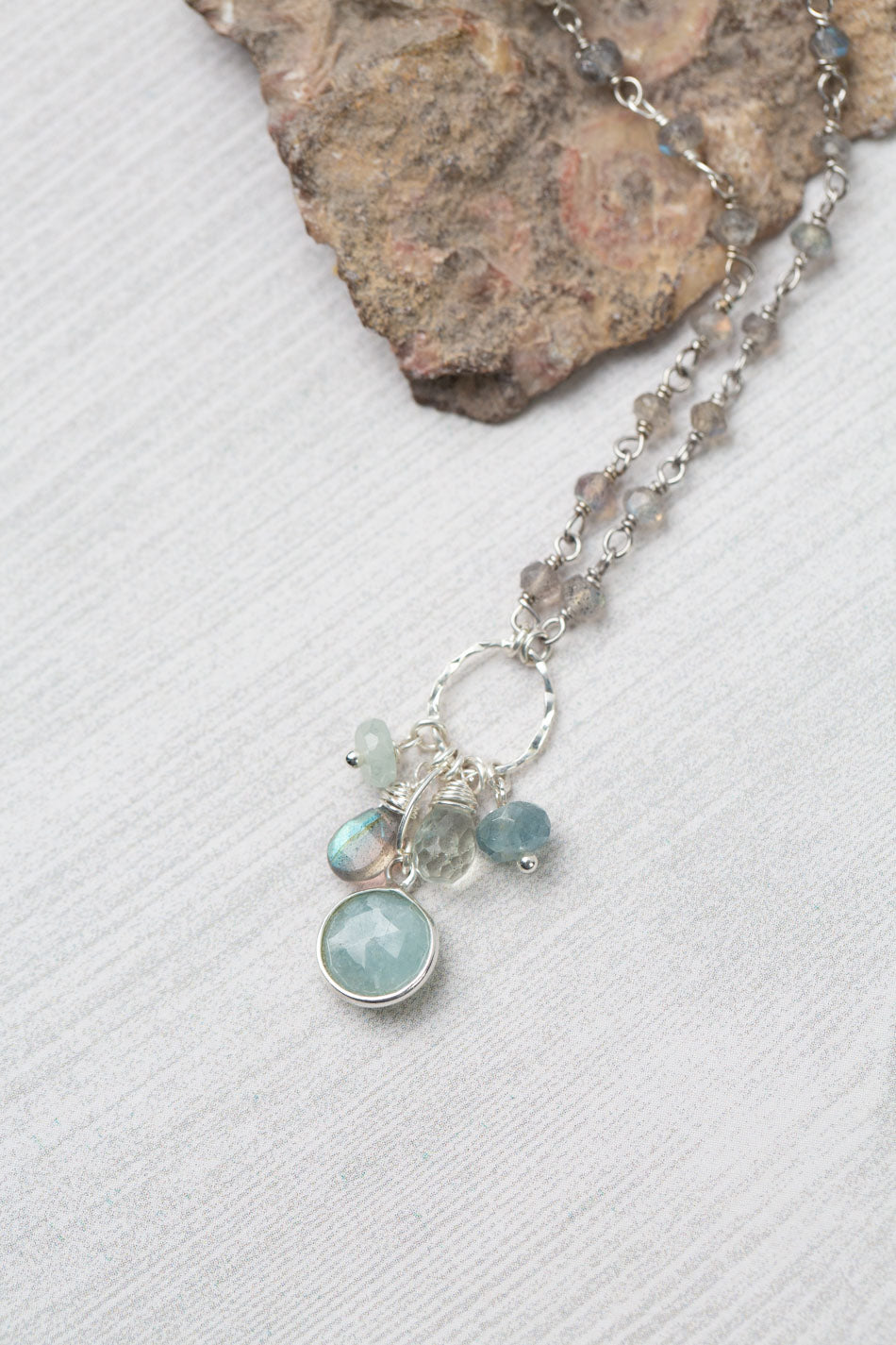 Resilience 16.25-18.25" Labradorite, Green Moss Aquamarine, Prasiolite With Aquamarine Cluster Necklace
