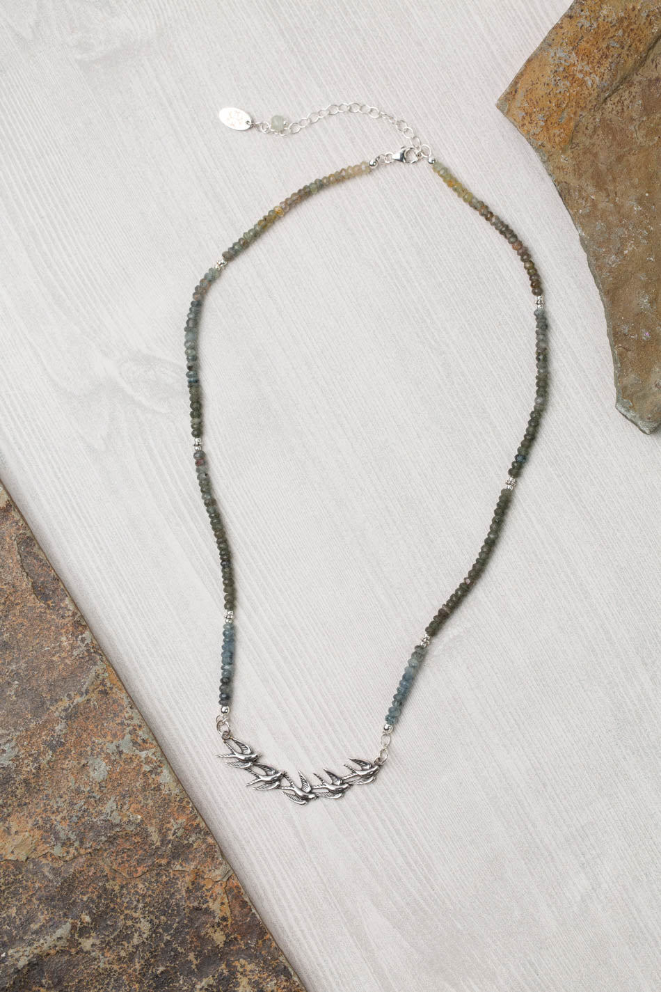 Resilience 18-20" Green Moss Aquamarine With Sterling Silver Birds Simple Necklace