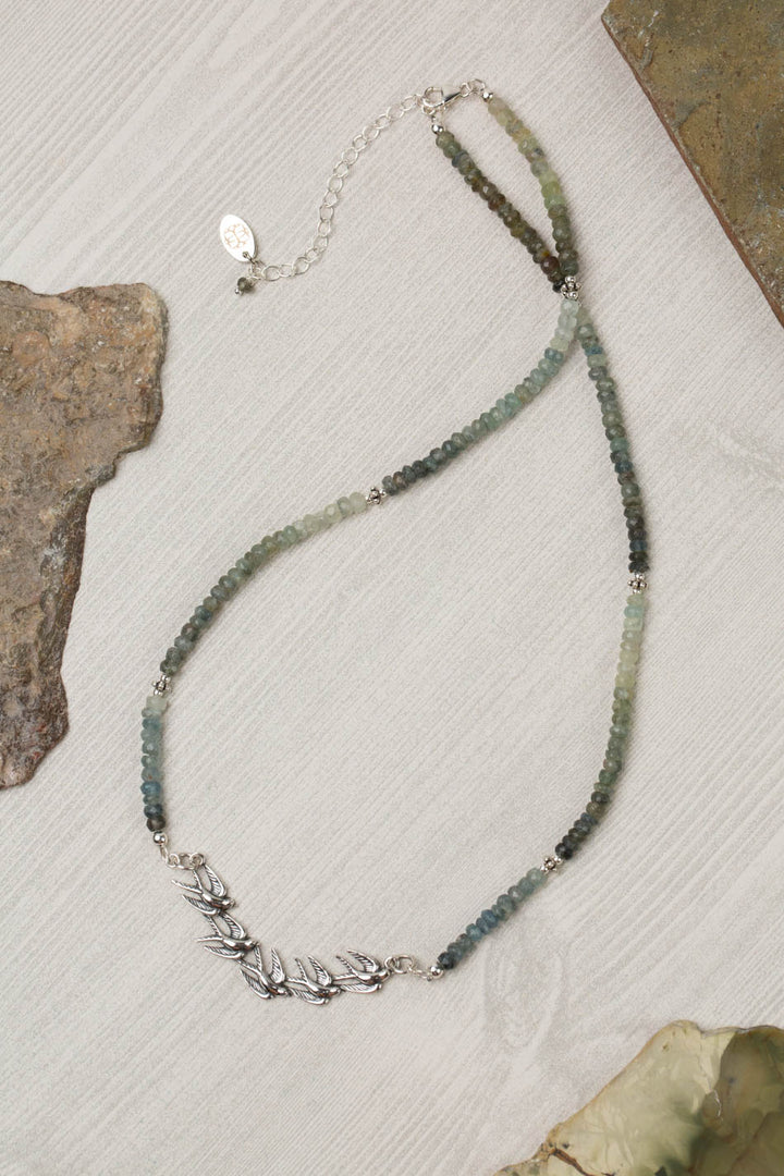 Resilience 18-20" Green Moss Aquamarine With Sterling Silver Birds Simple Necklace