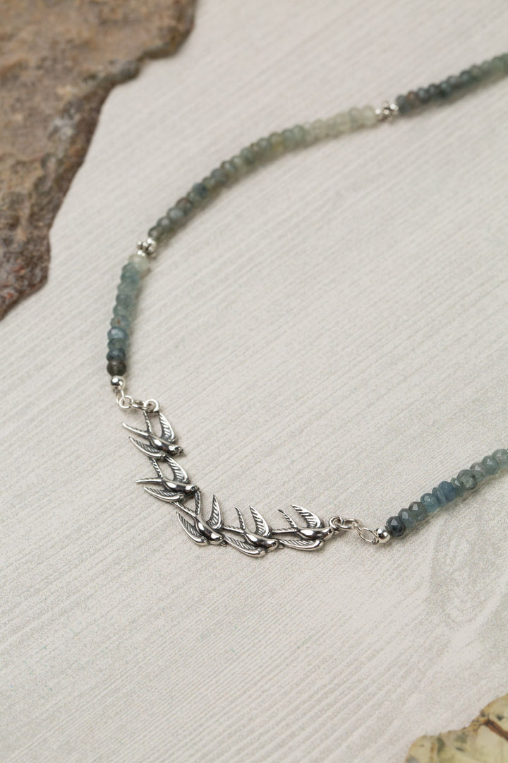 Resilience 18-20" Green Moss Aquamarine With Sterling Silver Birds Simple Necklace