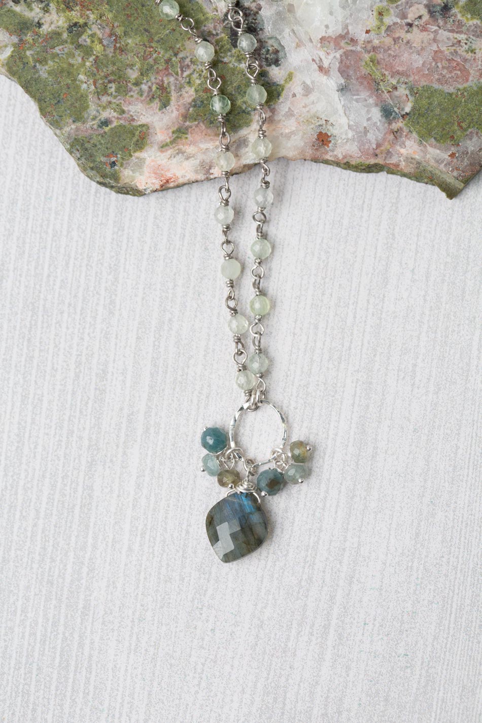 Resilience 14-16" Sapphire, Green Moss Aquamarine With Labradorite Cluster Necklace