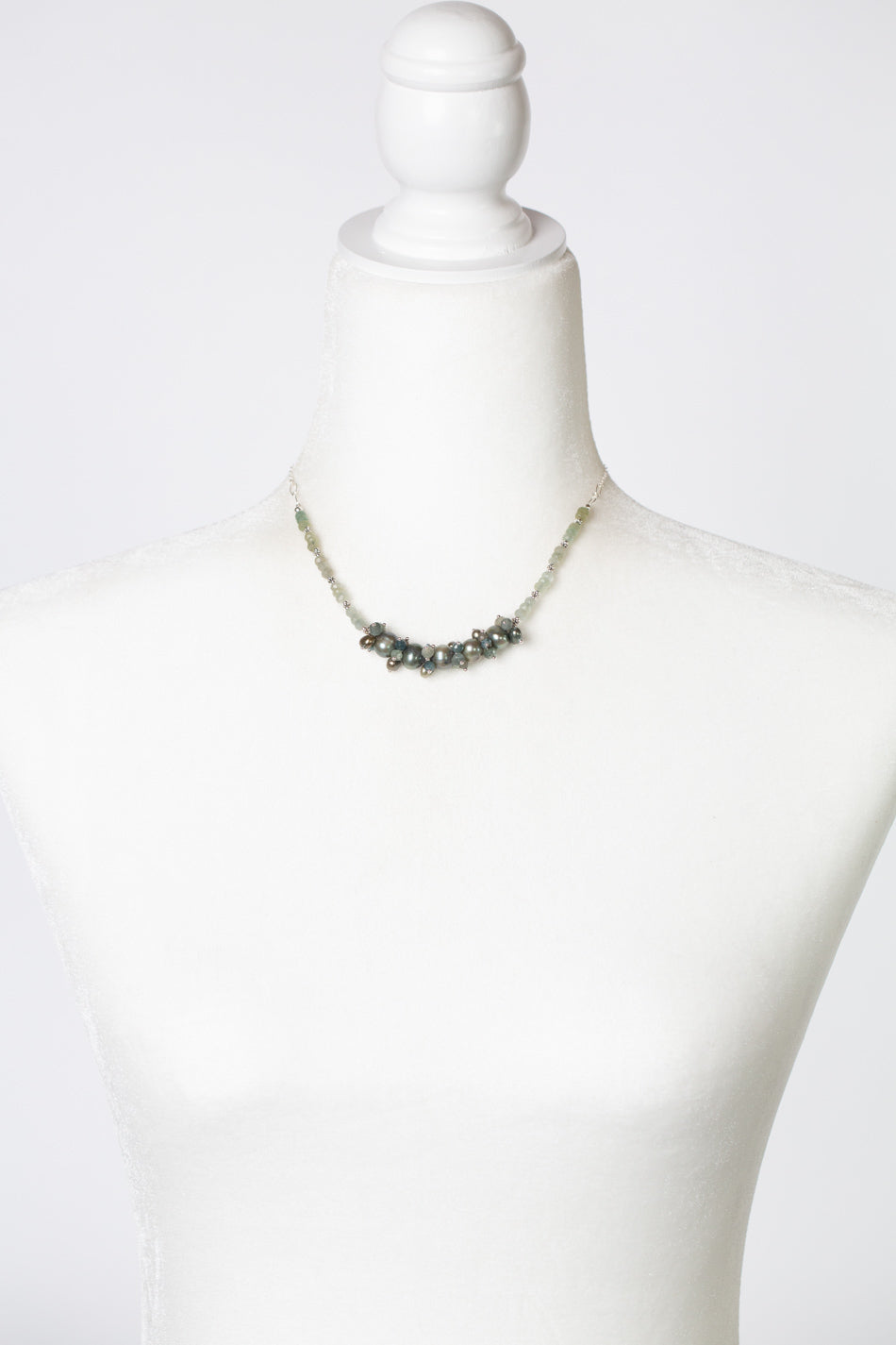 Resilience 15.25-17.25" Green Moss Aquamarine With Freshwater Pearl Cluster Necklace