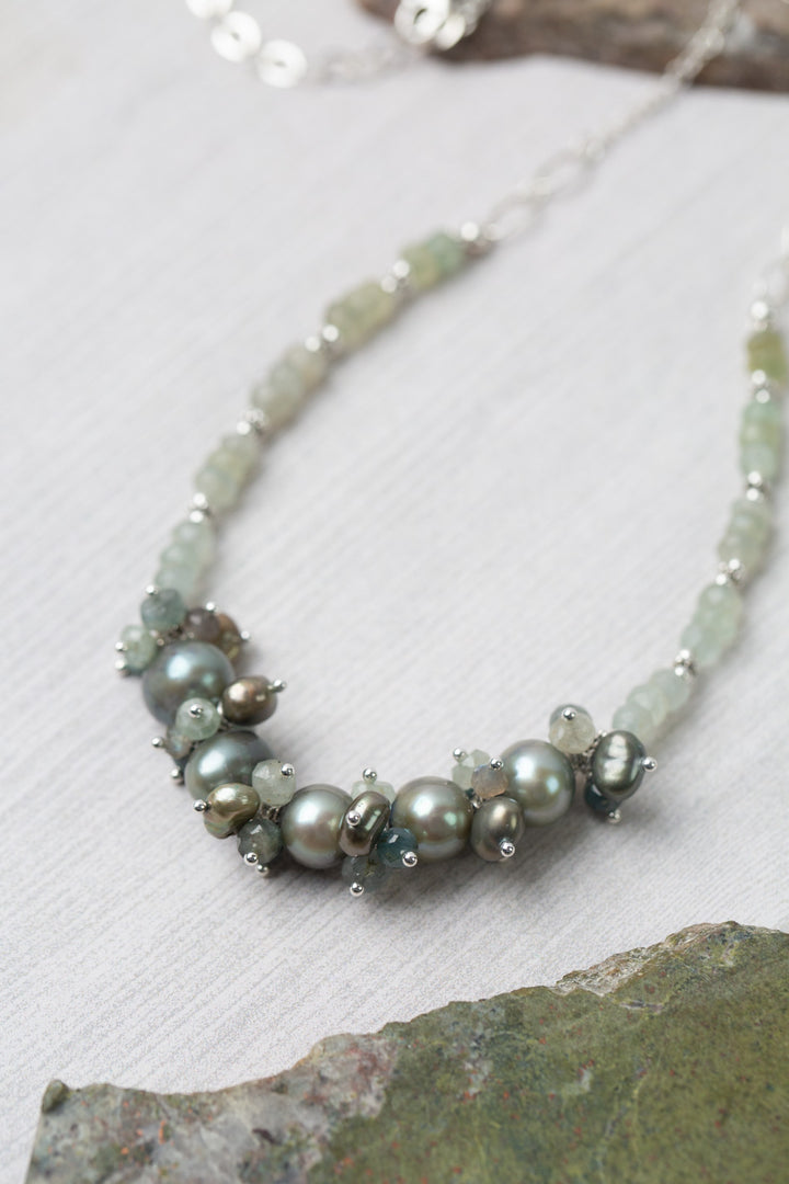 Resilience 15.25-17.25" Green Moss Aquamarine With Freshwater Pearl Cluster Necklace