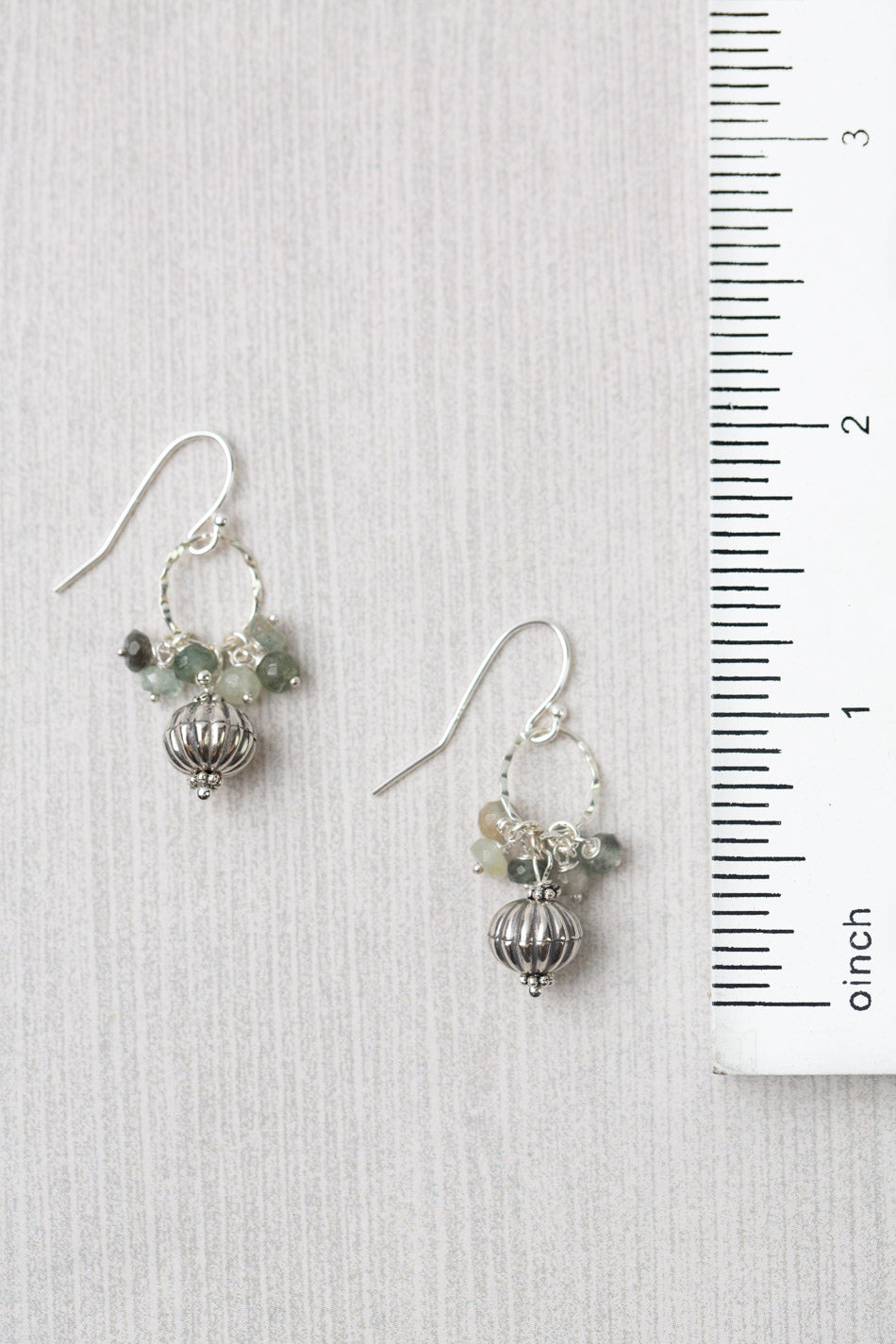 Resilience Green Moss Aquamarine, Prehnite With Corrugated Silver Bead Cluster Earrings