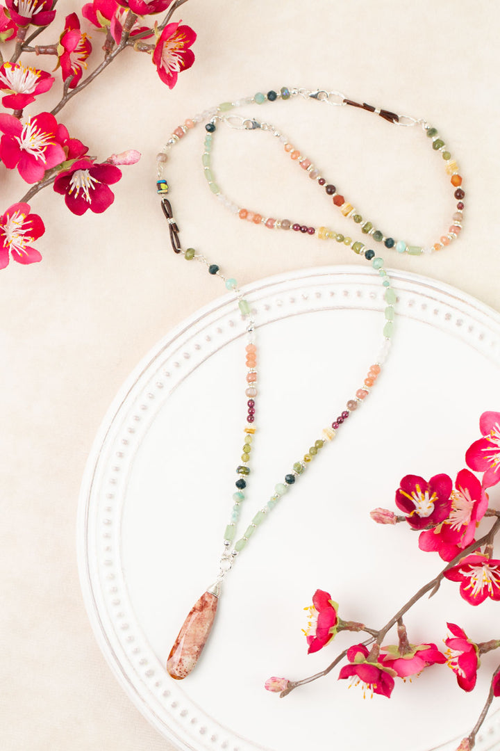 Revolution 20.25 or 28" Carnelian, Moonstone, Gossular Garnet with Leopard Skin Jasper Collage Necklace