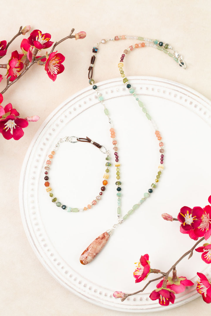 Revolution 20.25 or 28" Carnelian, Moonstone, Gossular Garnet with Leopard Skin Jasper Collage Necklace