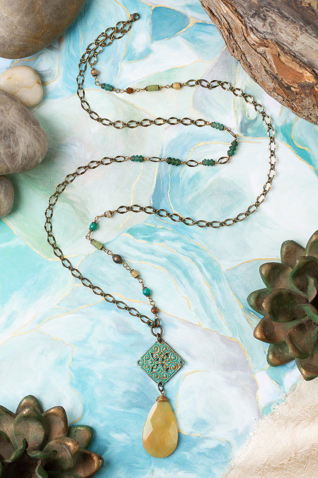 River Ridge 18.25 or 36" Roman Glass, Russian Amazonite With Honey Opal Simple Necklace