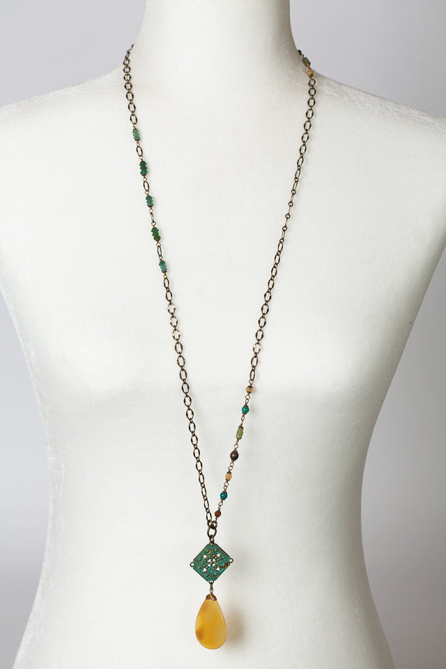 River Ridge 18.25 or 36" Roman Glass, Russian Amazonite With Honey Opal Simple Necklace