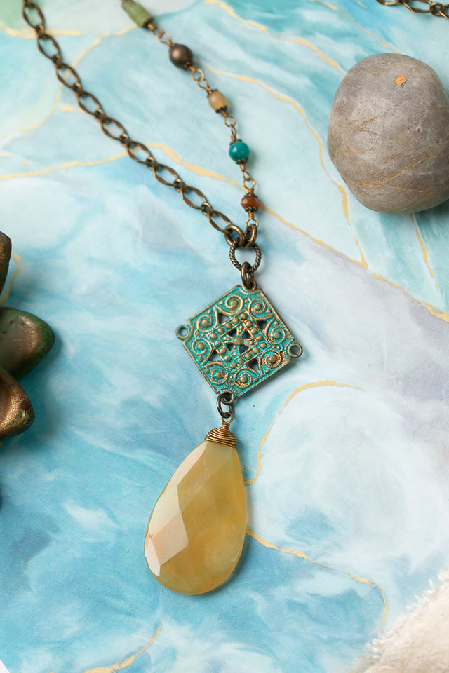 River Ridge 18.25 or 36" Roman Glass, Russian Amazonite With Honey Opal Simple Necklace