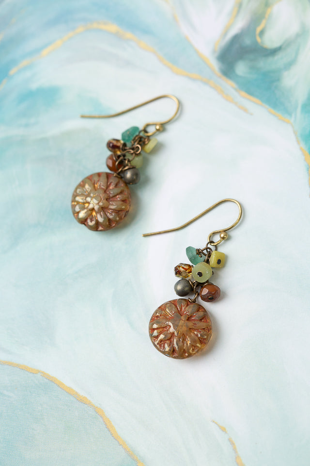 River Ridge Honey Opal, Olive Jade With Czech Glass Cluster Earrings