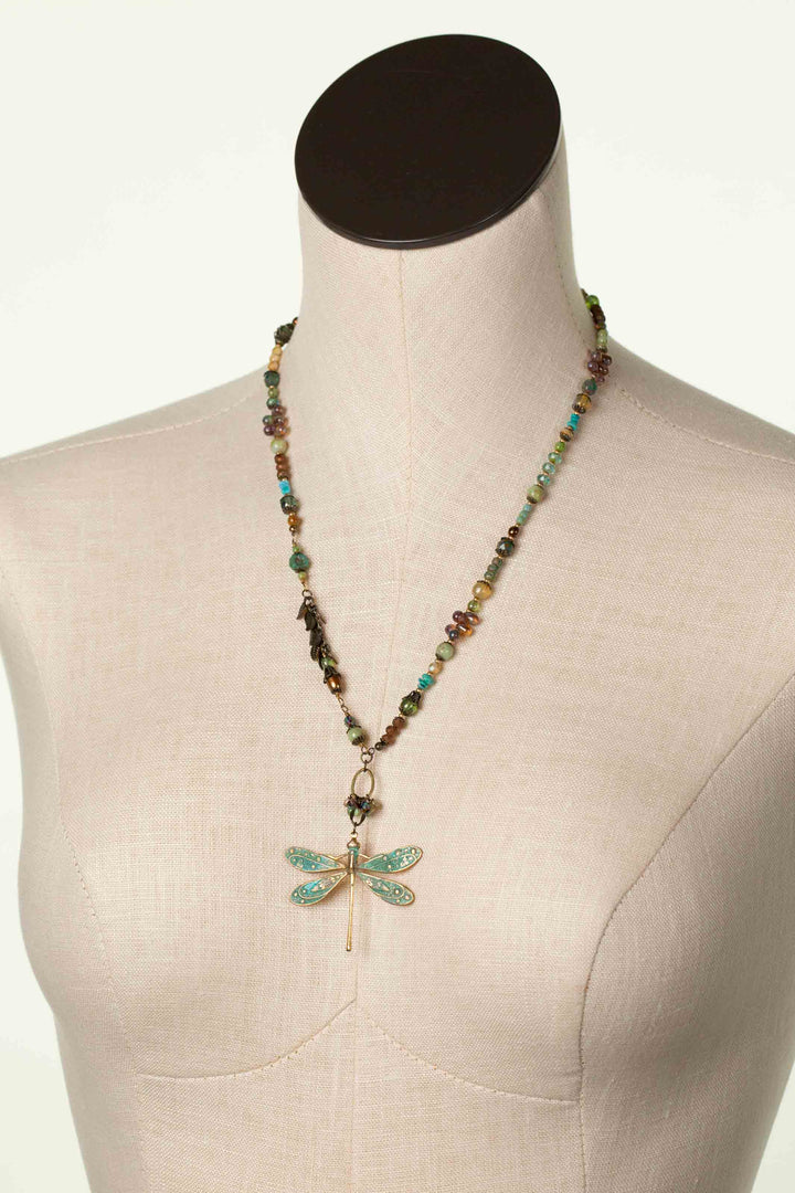 Rustic Creek 20.25-22.25" Freshwater Pearl, Turquoise, Czech Glass With Dragonfly Necklace
