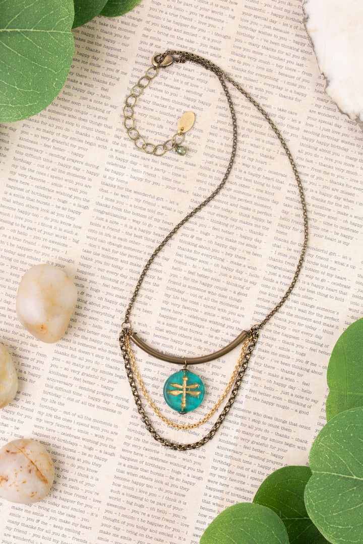Rustic Creek 15.25-17.25" Matte Gold Plated Brass Chain With Gold Etched Czech Glass Dragonfly Simple Necklace